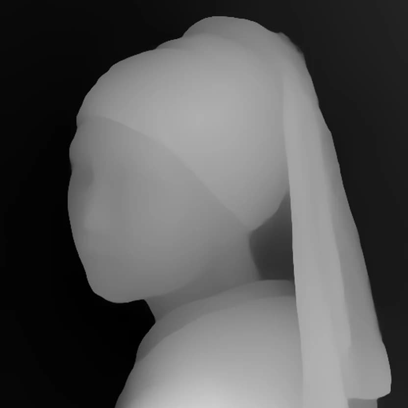 Depth map estimated from the painting, with nearer surfaces lighter