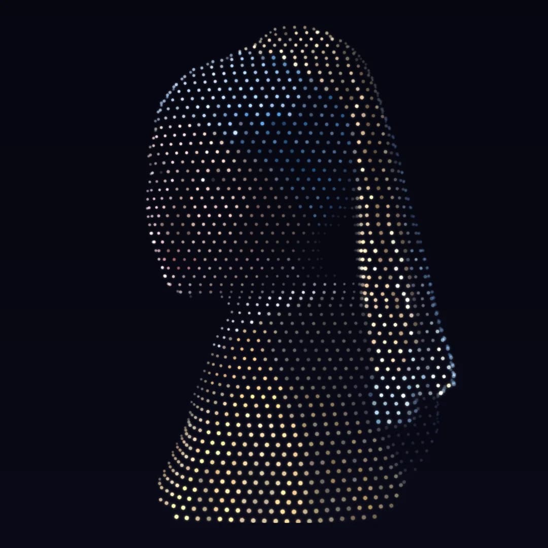 The painting drawn as a lattice of glowing points against a night sky