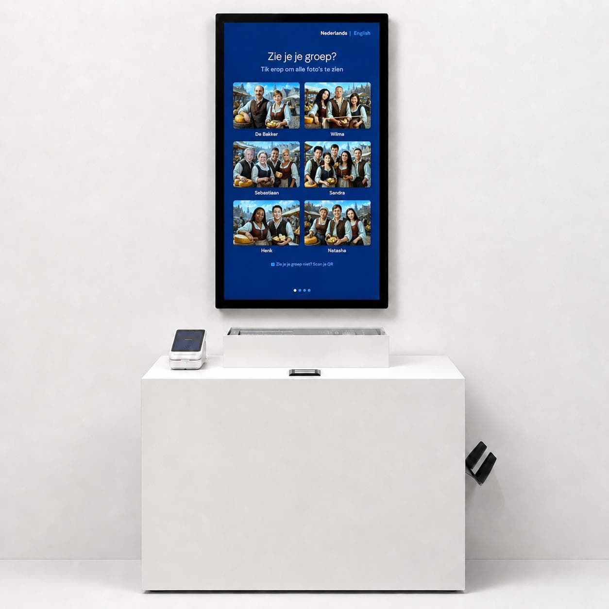 Custom ENTR photo collection system with a vertical screen, payment terminal and print cabinet