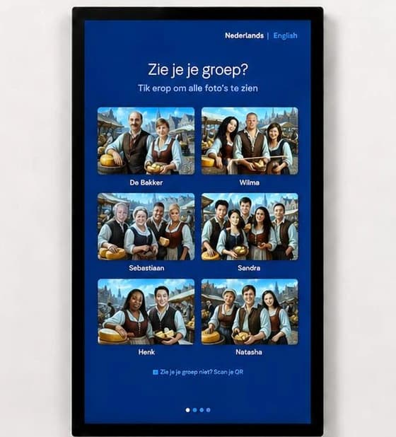 The exit kiosk's group screen in the design, asking “Zie je je groep?” above six placeholder groups