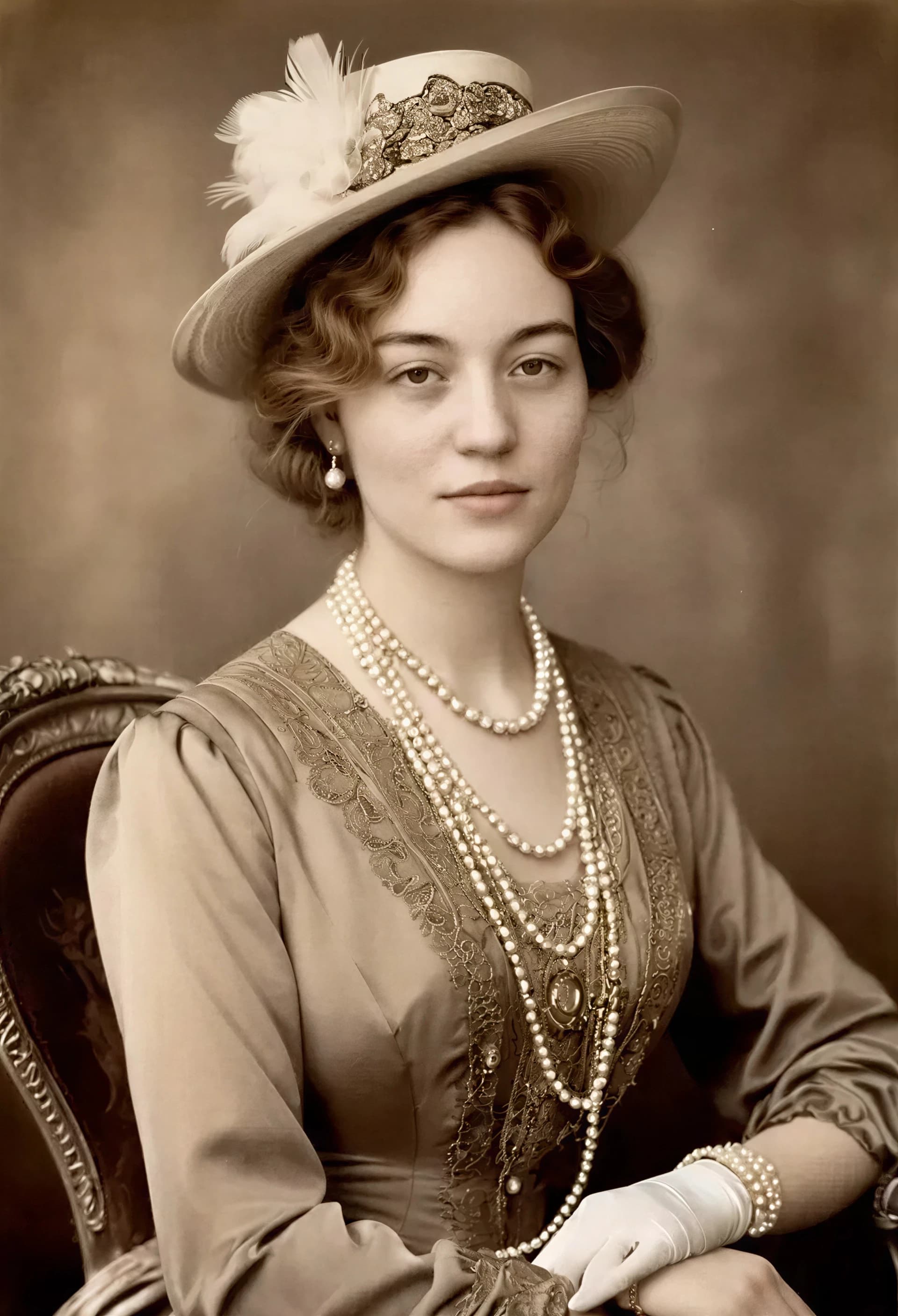The same woman as a Titanic-era passenger in a sepia portrait with a hat and pearls