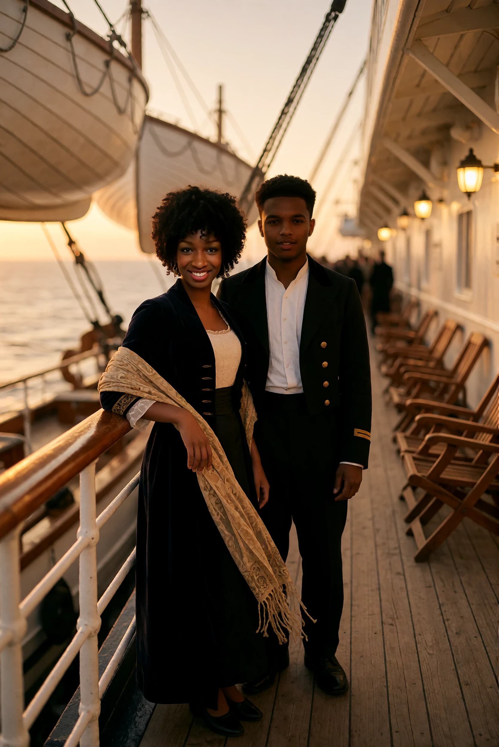 A couple transformed together into a period scene on a ship’s deck