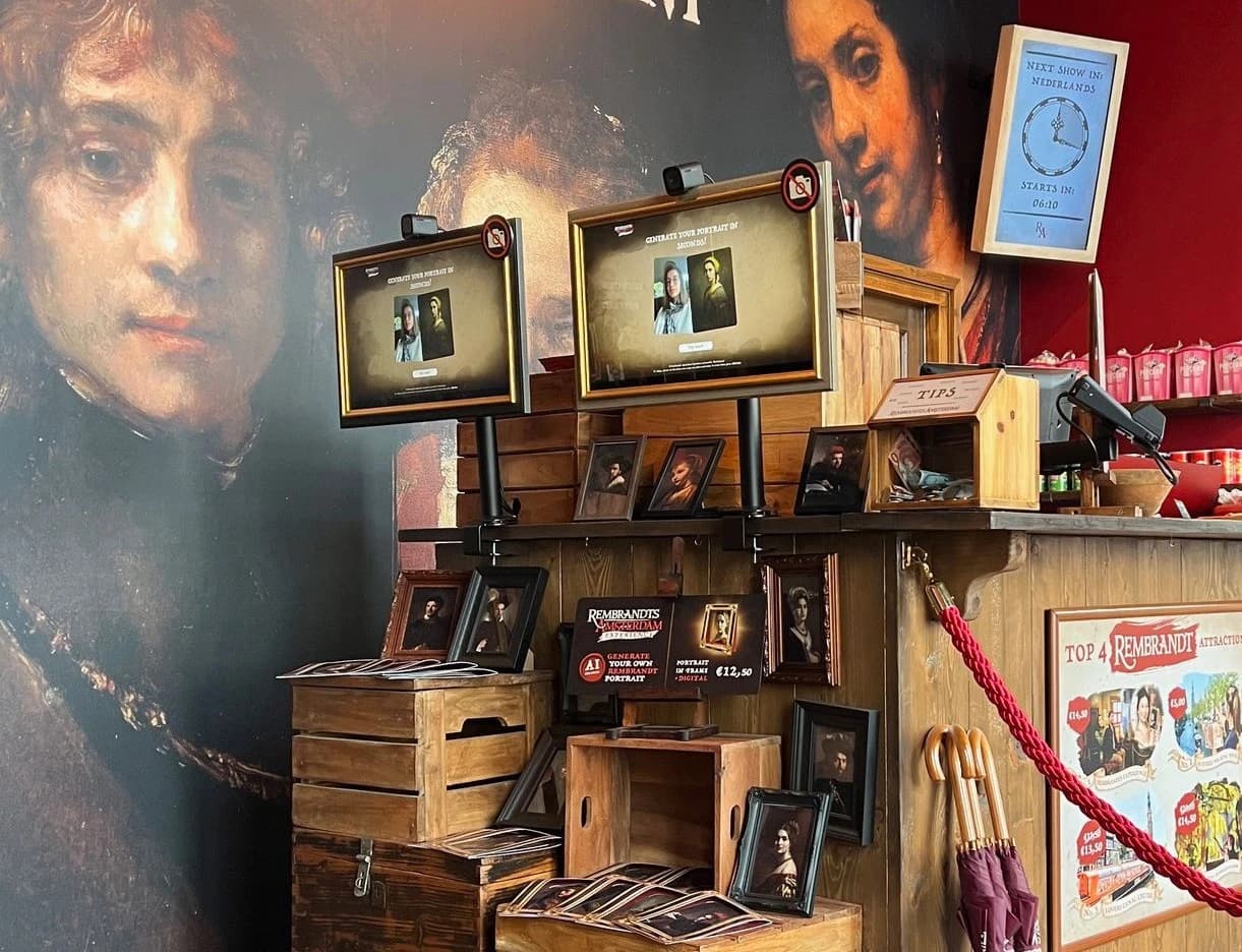 Rembrandt-themed portrait kiosks integrated into a wooden venue counter