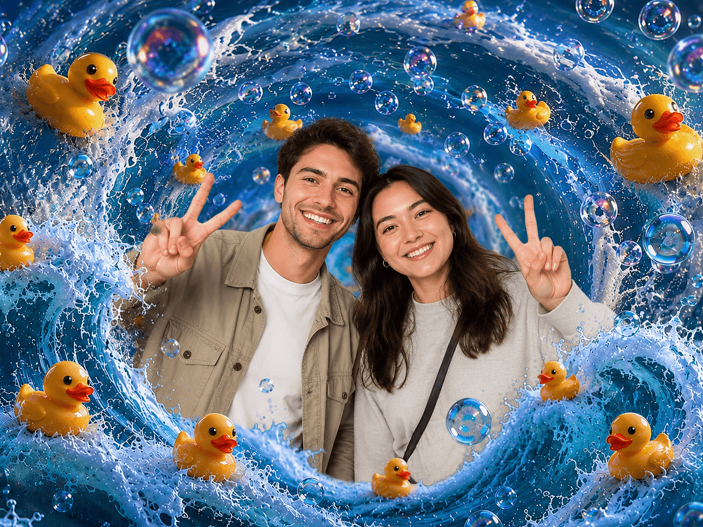 Two people in a scene filled with bubbles and rubber ducks